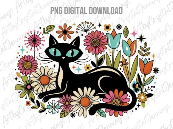 Download Retro 70s Black Cat Floral PNG - Floral Collection
